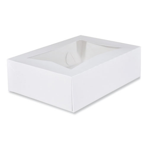 Picture of White Window Bakery Boxes with Attached Flip Top, 4-Corner Beers Design, 14 x 10 x 4, White, Paper, 100/Carton