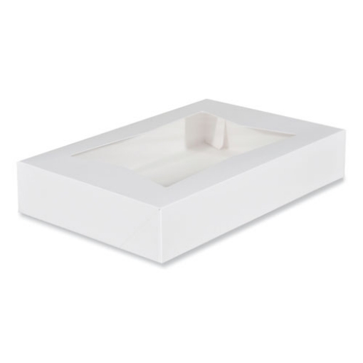 Picture of White Window Bakery Boxes with Attached Flip Top, 6-Corner Beers Design, 12 x 8 x 2.25, White, Paper, 200/Carton