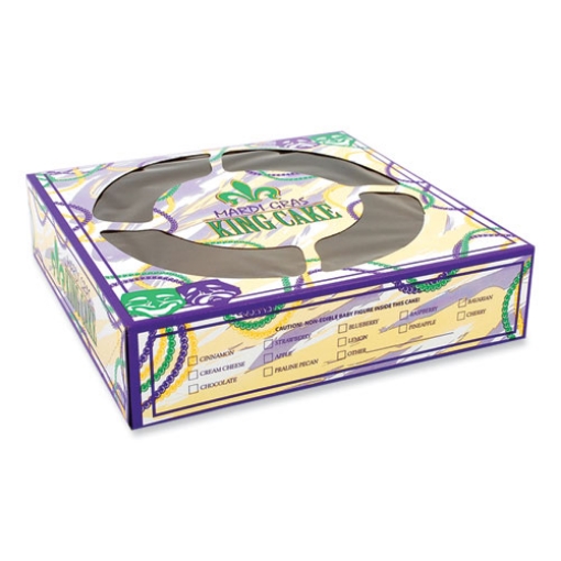 Picture of Mardi Gras King Cake Window Boxes, 10 x 10 x 2.5, Green/Purple/White, Paper, 100/Carton