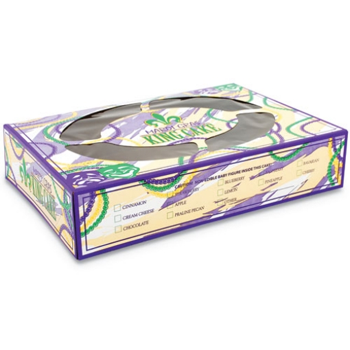 Picture of Mardi Gras King Cake Window Boxes, 14 x 10 x 3, Green/Purple/White, Paper, 100/Carton