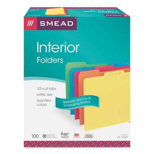 Picture of Interior File Folders, 1/3-Cut Tabs: Assorted, Letter Size, 0.75" Expansion, Assorted Colors, 100/Box