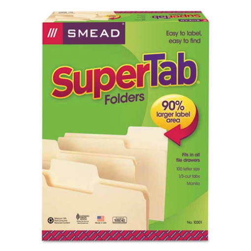 Picture of SuperTab Top Tab File Folders, 1/3-Cut Tabs: Assorted, Letter Size, 0.75" Expansion, 11-pt Manila, 100/Box