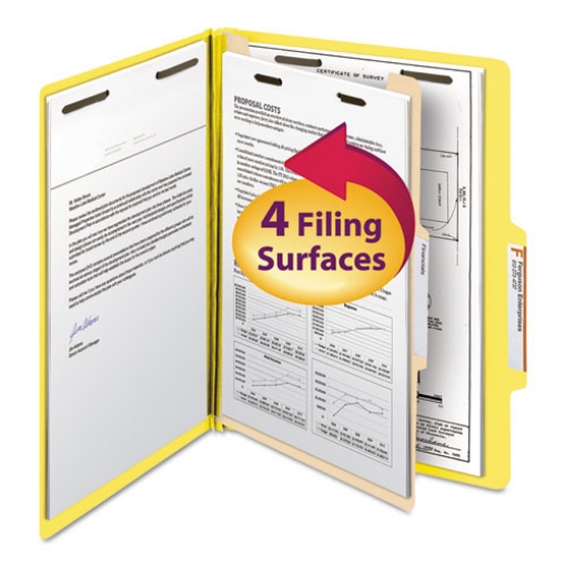 Picture of Top Tab Classification Folders, Four SafeSHIELD Fasteners, 2" Expansion, 1 Divider, Letter Size, Yellow Exterior, 10/Box