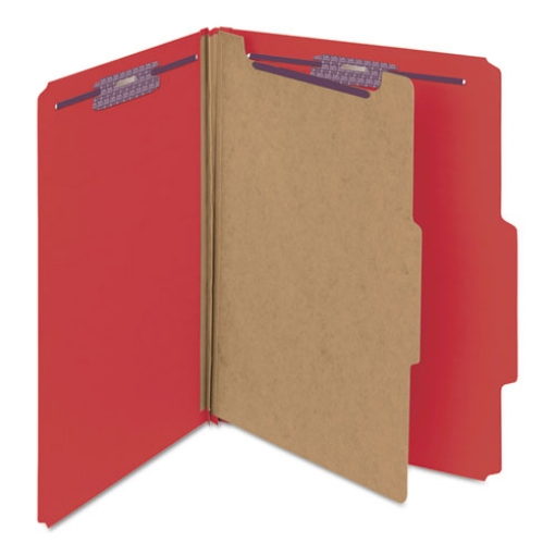 Picture of Four-Section Pressboard Top Tab Classification Folders, Four SafeSHIELD Fasteners, 1 Divider, Letter Size, Bright Red, 10/Box