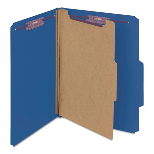 Picture of Four-Section Pressboard Top Tab Classification Folders, Four SafeSHIELD Fasteners, 1 Divider, Letter Size, Dark Blue, 10/Box