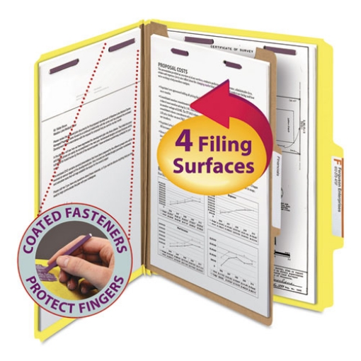 Picture of Four-Section Pressboard Top Tab Classification Folders, Four SafeSHIELD Fasteners, 1 Divider, Letter Size, Yellow, 10/Box