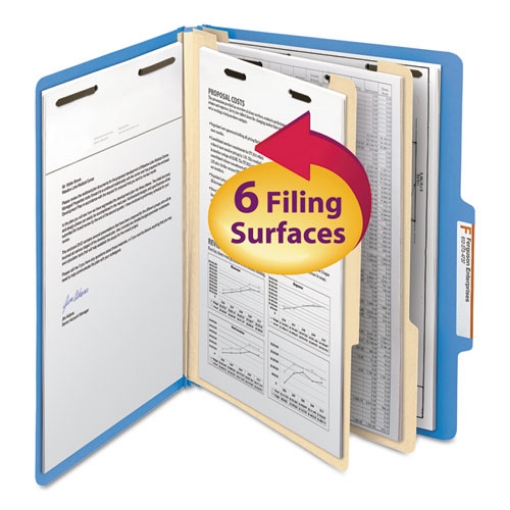 Picture of Top Tab Classification Folders, Six SafeSHIELD Fasteners, 2" Expansion, 2 Dividers, Letter Size, Blue Exterior, 10/Box