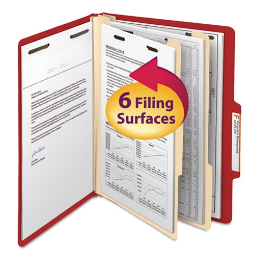 Picture of Top Tab Classification Folders, Six SafeSHIELD Fasteners, 2" Expansion, 2 Dividers, Letter Size, Red Exterior, 10/Box