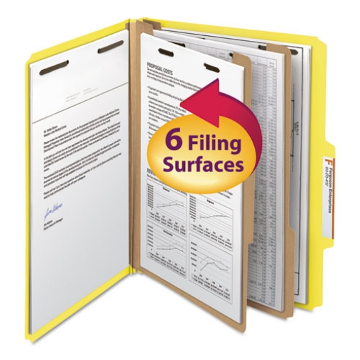 Picture of top tab classification folders, six safeshield fasteners, 2" expansion, 2 dividers, letter size, yellow exterior, 10/box