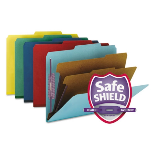 Picture of Six-Section Pressboard Top Tab Classification Folders, Six SafeSHIELD Fasteners, 2 Dividers, Letter Size, Assorted, 10/Box