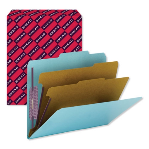 Picture of Six-Section Pressboard Top Tab Classification Folders, Six SafeSHIELD Fasteners, 2 Dividers, Letter Size, Blue, 10/Box