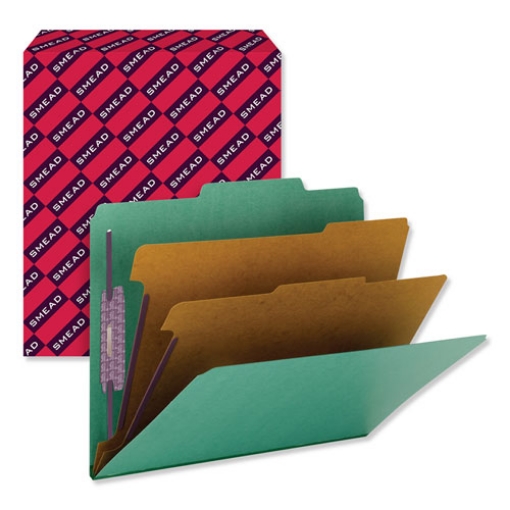 Picture of six-section pressboard top tab classification folders, six safeshield fasteners, 2 dividers, letter size, green, 10/box