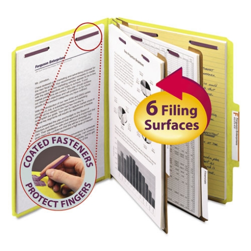 Picture of Six-Section Pressboard Top Tab Classification Folders, Six SafeSHIELD Fasteners, 2 Dividers, Letter Size, Yellow, 10/Box