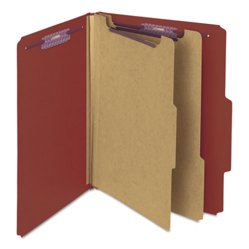 Picture of Pressboard Classification Folders, Six SafeSHIELD Fasteners, 2/5-Cut Tabs, 2 Dividers, Letter Size, Red, 10/Box