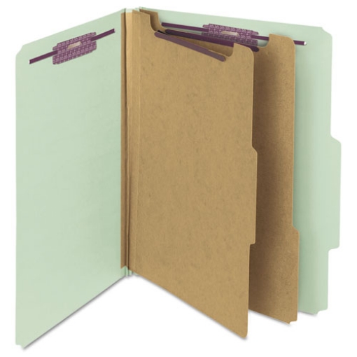 Picture of Pressboard Classification Folders, Six SafeSHIELD Fasteners, 2/5-Cut Tabs, 2 Dividers, Letter Size, Gray-Green, 10/Box