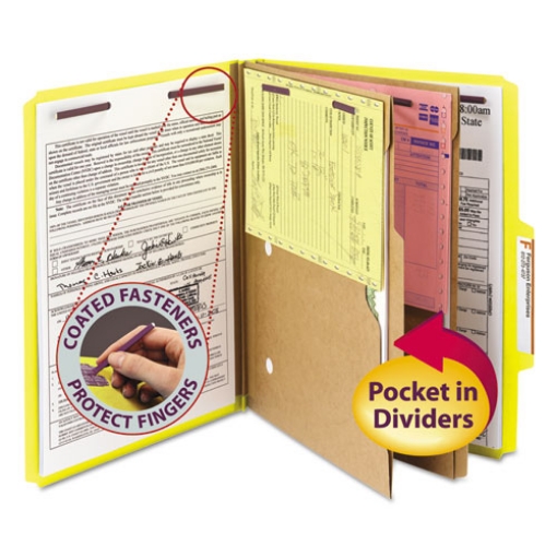 Picture of 6-section pressboard top tab pocket classification folders, 6 safeshield fasteners, 2 dividers, letter size, yellow, 10/box