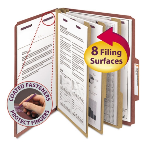 Picture of pressboard classification folders, eight safeshield fasteners, 2/5-cut tabs, 3 dividers, letter size, red, 10/box