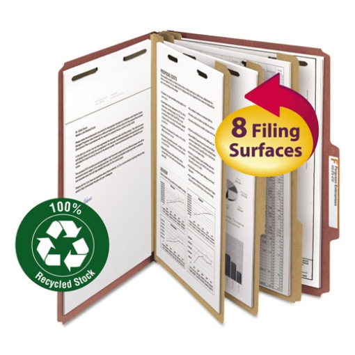 Picture of Recycled Pressboard Classification Folders, 3" Expansion, 3 Dividers, 8 Fasteners, Letter Size, Red Exterior, 10/Box