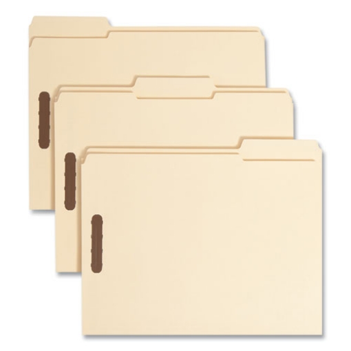 Picture of Recycled Top Tab Fastener Folders, 1/3-Cut Tabs: Assorted, 0.75" Expansion, 2 Fasteners, Letter Size, Manila Exterior, 50/Box