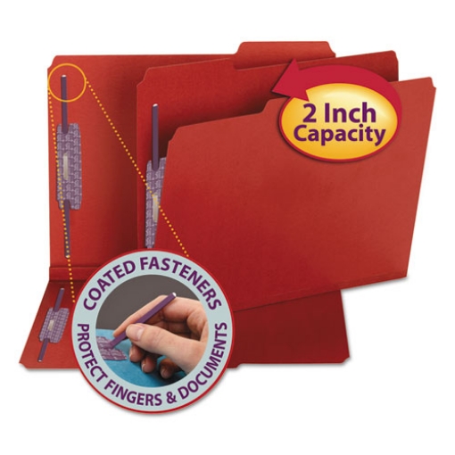 Picture of colored pressboard fastener folders with safeshield fasteners, 2" expansion, 2 fasteners, letter size, bright red, 25/box