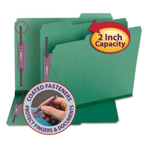 Picture of Colored Pressboard Fastener Folders with SafeSHIELD Coated Fasteners, 2" Expansion, 2 Fasteners, Letter Size, Green, 25/Box