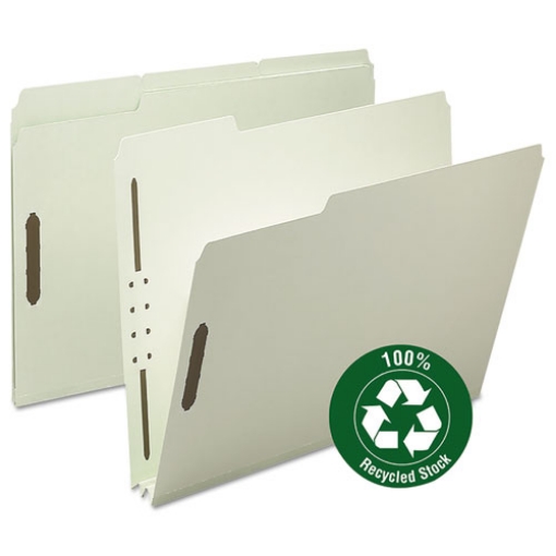 Picture of recycled pressboard fastener folders, 2" expansion, 2 fasteners, letter size, gray-green exterior, 25/box