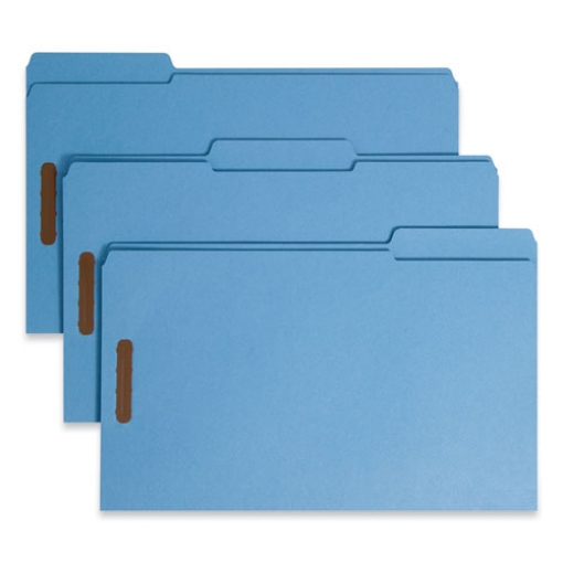 Picture of Top Tab Colored Fastener Folders, 0.75" Expansion, 2 Fasteners, Legal Size, Blue Exterior, 50/Box