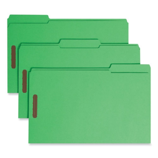 Picture of Top Tab Colored Fastener Folders, 0.75" Expansion, 2 Fasteners, Legal Size, Green Exterior, 50/Box