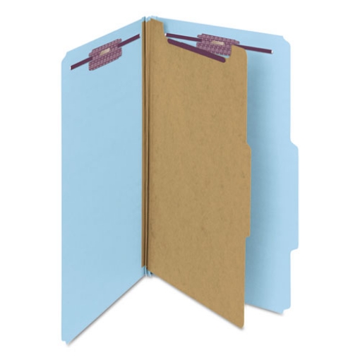 Picture of Four-Section Pressboard Top Tab Classification Folders, Four SafeSHIELD Fasteners, 1 Divider, Legal Size, Blue, 10/Box