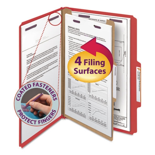 Picture of four-section pressboard top tab classification folders, four safeshield fasteners, 1 divider, legal size, bright red, 10/box