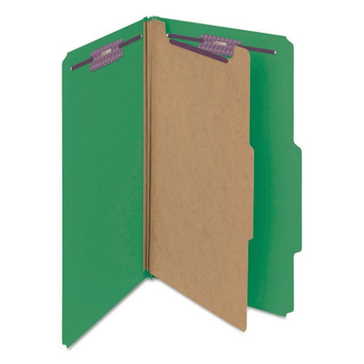 Picture of Four-Section Pressboard Top Tab Classification Folders, Four SafeSHIELD Fasteners, 1 Divider, Legal Size, Green, 10/Box