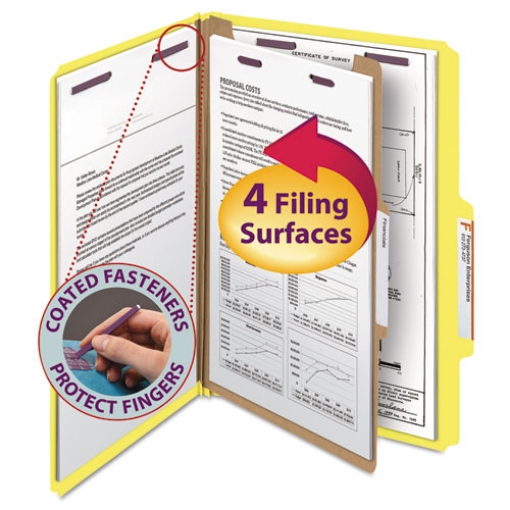 Picture of four-section pressboard top tab classification folders, four safeshield fasteners, 1 divider, legal size, yellow, 10/box