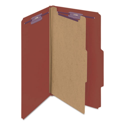 Picture of Pressboard Classification Folders, Four SafeSHIELD Fasteners, 2/5-Cut Tabs, 1 Divider, Legal Size, Red, 10/Box