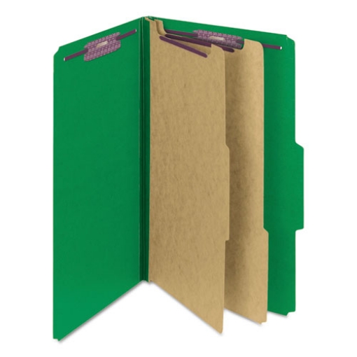 Picture of Six-Section Pressboard Top Tab Classification Folders, Six SafeSHIELD Fasteners, 2 Dividers, Legal Size, Green, 10/Box