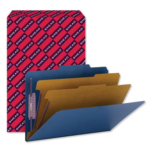 Picture of six-section pressboard top tab classification folders, six safeshield fasteners, 2 dividers, legal size, dark blue, 10/box