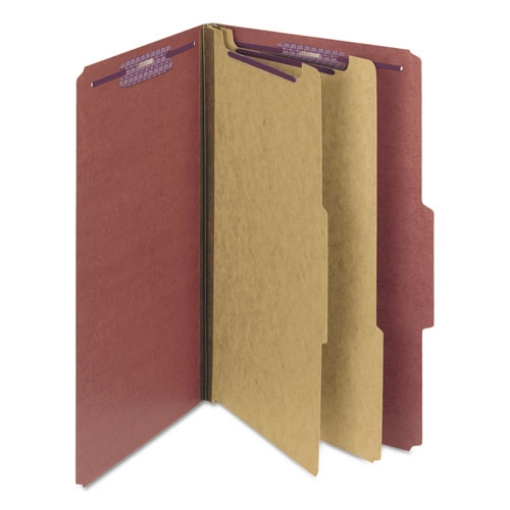 Picture of Pressboard Classification Folders, Six SafeSHIELD Fasteners, 2/5-Cut Tabs, 2 Dividers, Legal Size, Red, 10/Box