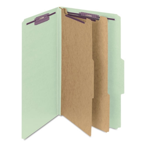 Picture of Pressboard Classification Folders, Six SafeSHIELD Fasteners, 2/5-Cut Tabs, 2 Dividers, Legal Size, Gray-Green, 10/Box