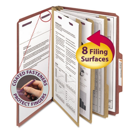 Picture of Pressboard Classification Folders, Eight SafeSHIELD Fasteners, 2/5-Cut Tabs, 3 Dividers, Legal Size, Red, 10/Box