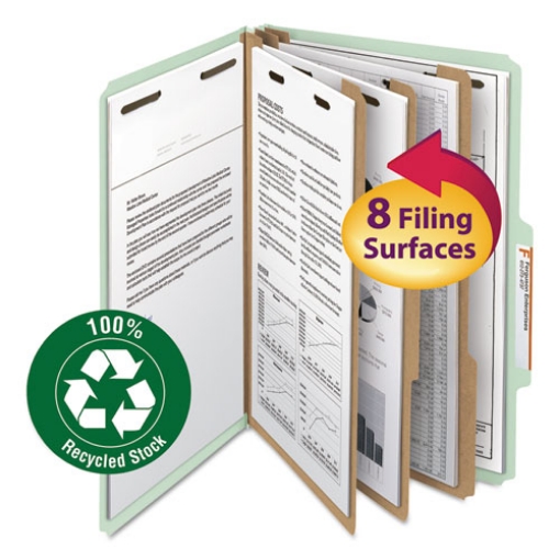 Picture of Recycled Pressboard Classification Folders, 3" Expansion, 3 Dividers, 8 Fasteners, Legal Size, Gray-Green, 10/Box