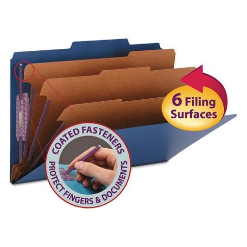 Picture of eight-section pressboard top tab classification folders, 8 safeshield fasteners, 3 dividers, legal size, dark blue, 10/box