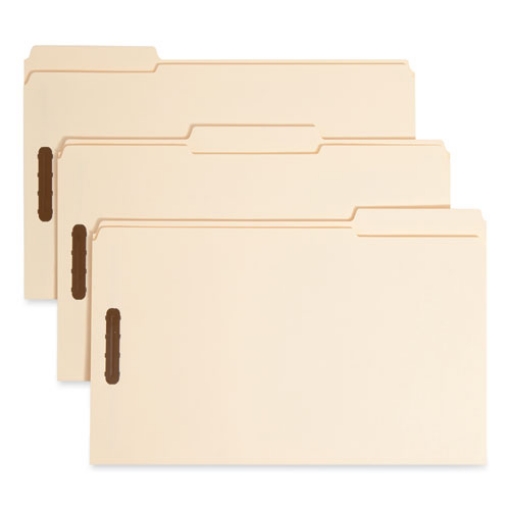 Picture of Top Tab Fastener Folders, 1/3-Cut Tabs: Assorted, 0.75" Expansion, 2 Fasteners, Legal Size, Manila Exterior, 50/Box