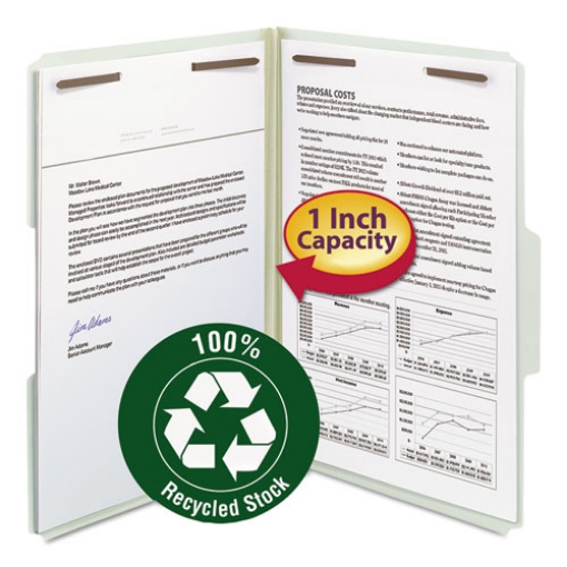 Picture of Recycled Pressboard Fastener Folders, 1" Expansion, 2 Fasteners, Legal Size, Gray-Green Exterior, 25/Box