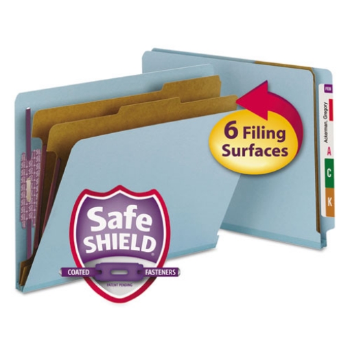 Picture of End Tab Pressboard Classification Folders, Six SafeSHIELD Fasteners, 2" Expansion, 2 Dividers, Letter Size, Blue, 10/Box