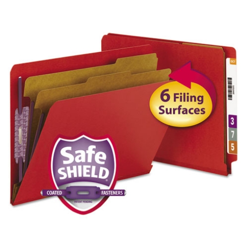 Picture of End Tab Pressboard Classification Folders, Six SafeSHIELD Fasteners, 2" Expansion, 2 Dividers, Letter Size, Bright Red, 10/BX