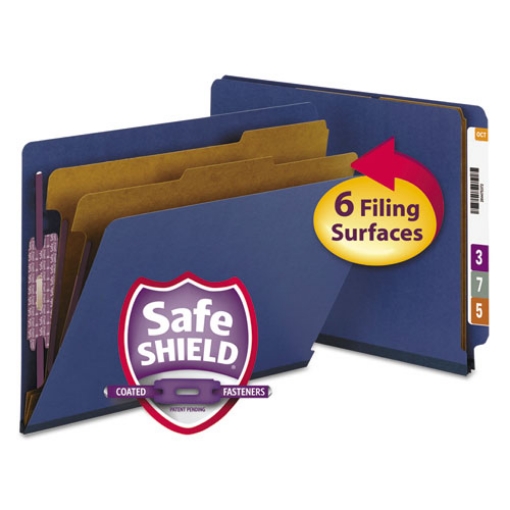 Picture of End Tab Pressboard Classification Folders, Six SafeSHIELD Fasteners, 2" Expansion, 2 Dividers, Letter Size, Dark Blue, 10/Box