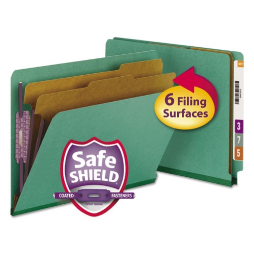 Picture of End Tab Pressboard Classification Folders, Six SafeSHIELD Fasteners, 2" Expansion, 2 Dividers, Letter Size, Green, 10/Box