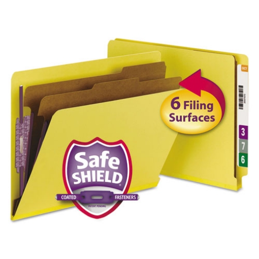 Picture of End Tab Pressboard Classification Folders, Six SafeSHIELD Fasteners, 2" Expansion, 2 Dividers, Letter Size, Yellow, 10/Box