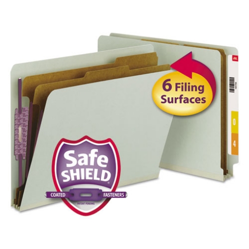 Picture of End Tab Pressboard Classification Folders, Six SafeSHIELD Fasteners, 2" Expansion, 2 Dividers, Letter Size, Gray-Green, 10/BX