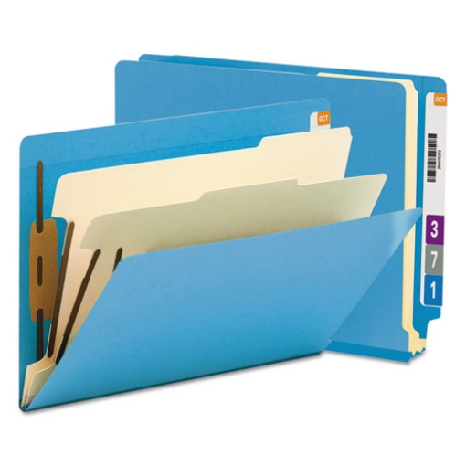 Picture of colored end tab classification folders with dividers, 2" expansion, 2 dividers, 6 fasteners, letter size, blue, 10/box