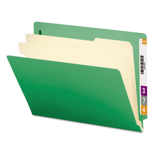 Picture of colored end tab classification folders with dividers, 2" expansion, 2 dividers, 6 fasteners, letter size, green, 10/box